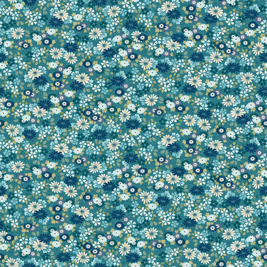 Kasumi by Makower UK 046-T Floating Flowers Teal Metallic Gold | SOLD BY THE HALF-YARD