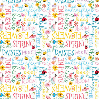 Benartex Sunshine Days 14326-09 Sunny Words White Bees Ladybugs Daisies Flowers | SOLD BY THE HALF-YARD