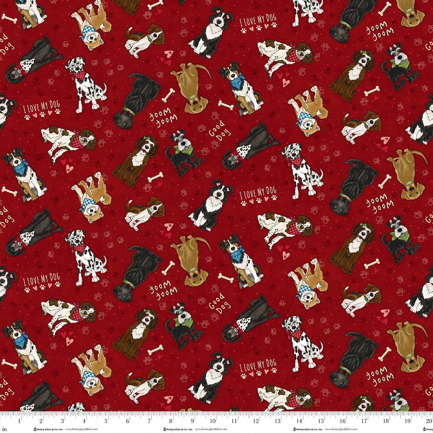 Home is Where the Dog is II Scattered Dogs Red 1858-88 Henry Glass Fabrics (Sold in 25cm increments)