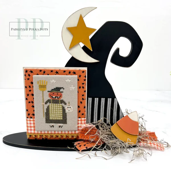 Primitive Witch Hat Cross Stitch Display – Unfinished Wood