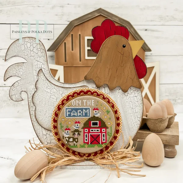 Country Chicken Cross Stitch Display – Unfinished Wood