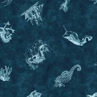 QT Fabrics Siren's Call by Dan Morris 29996-Q Nautical Toss Narwhal Squid Mythical Creatures | SOLD BY THE HALF-YARD