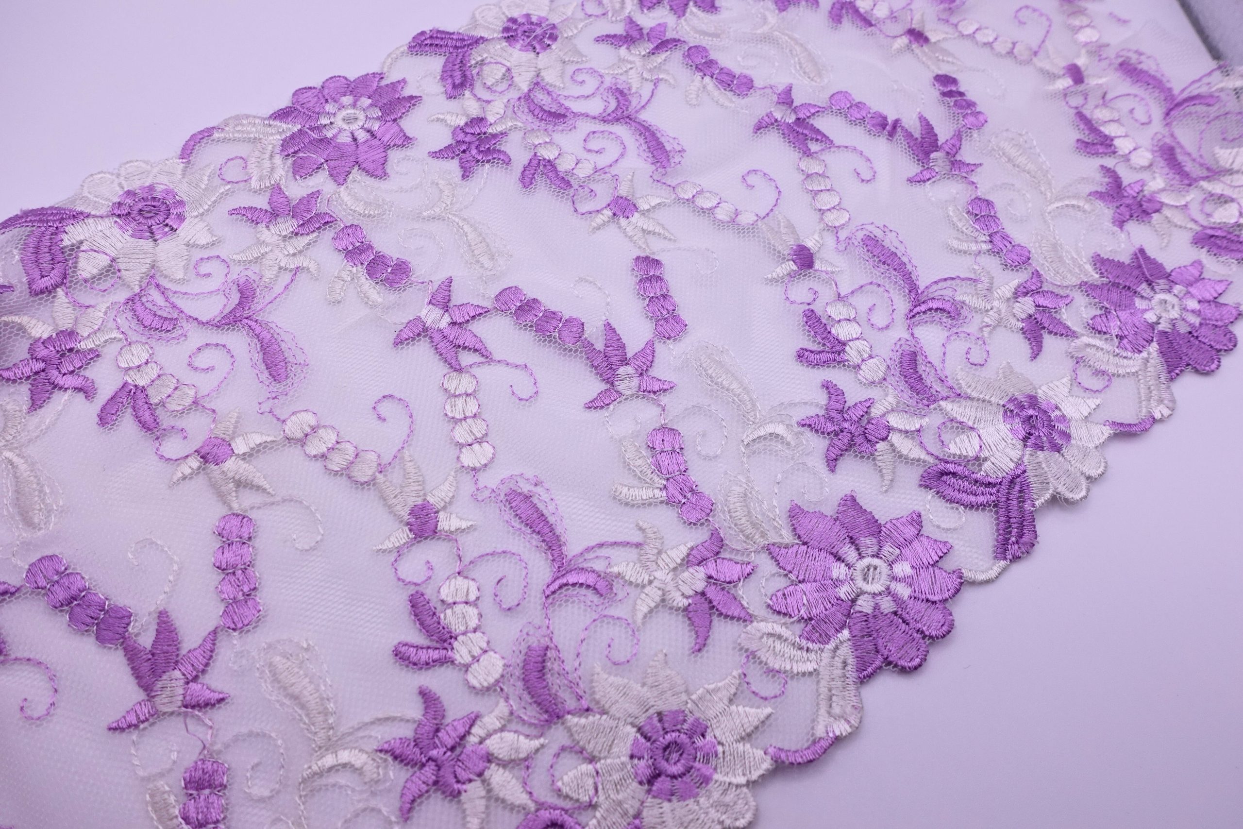 Purple and White Flowers - Embroidered Tulle Lace