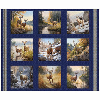 QT Fabrics Buck Wild PANEL 30803-N Navy 36 inch Deer Buck Fabric Panel
