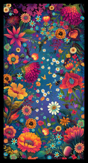 Luminous Haven Dark Blue Flowers and Bugs Panel 24" x 43"