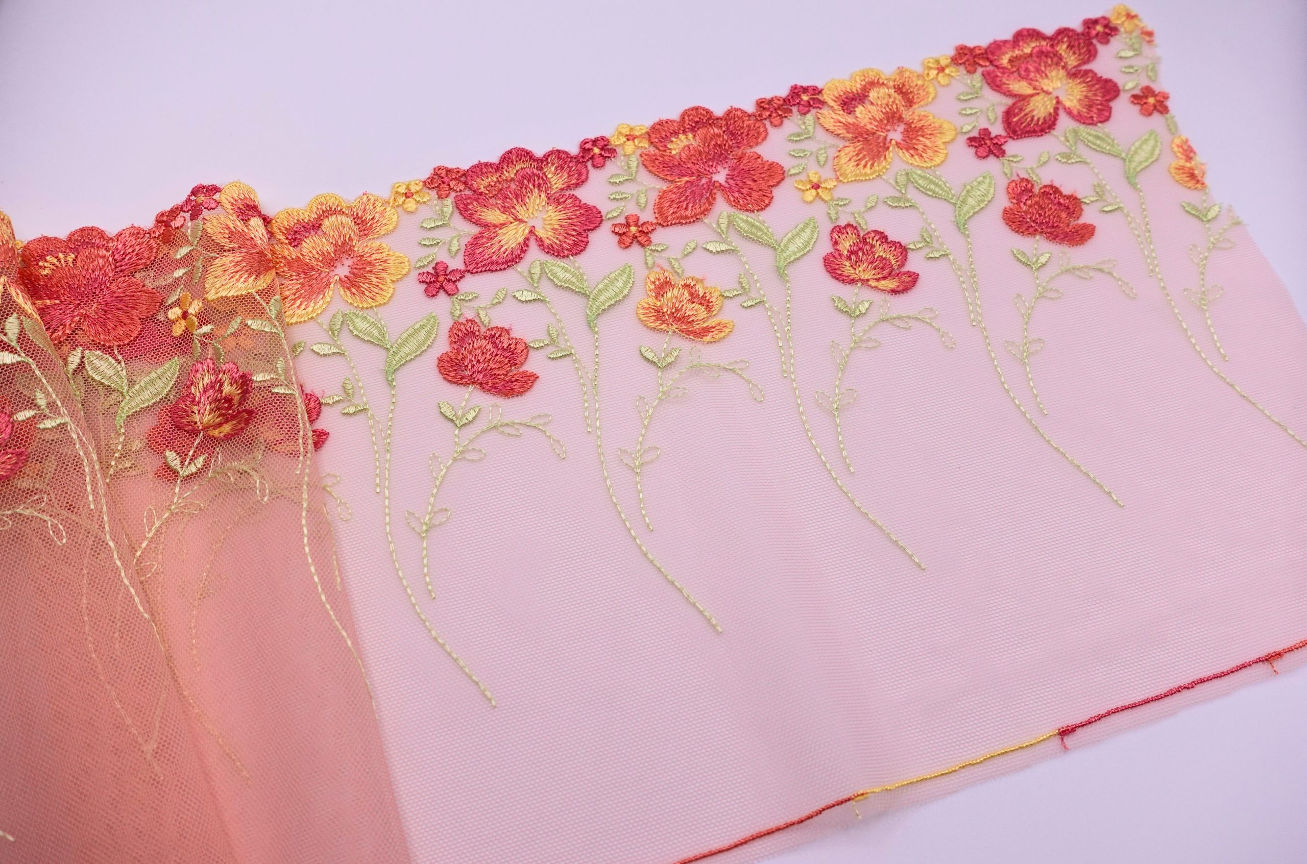 Coral Floral - Embroidered Tulle Lace (mirrored) 1 Meter