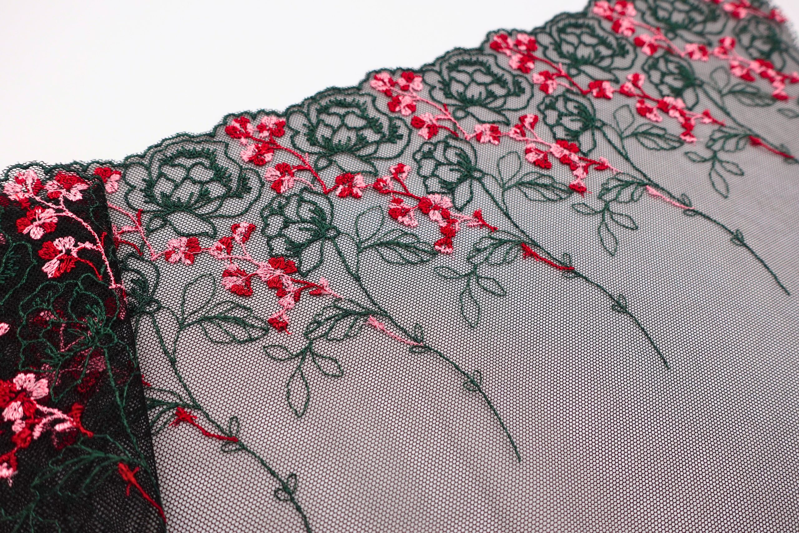 Green Rose Cherry Blossom - Embroidered Tulle Lace (mirrored)