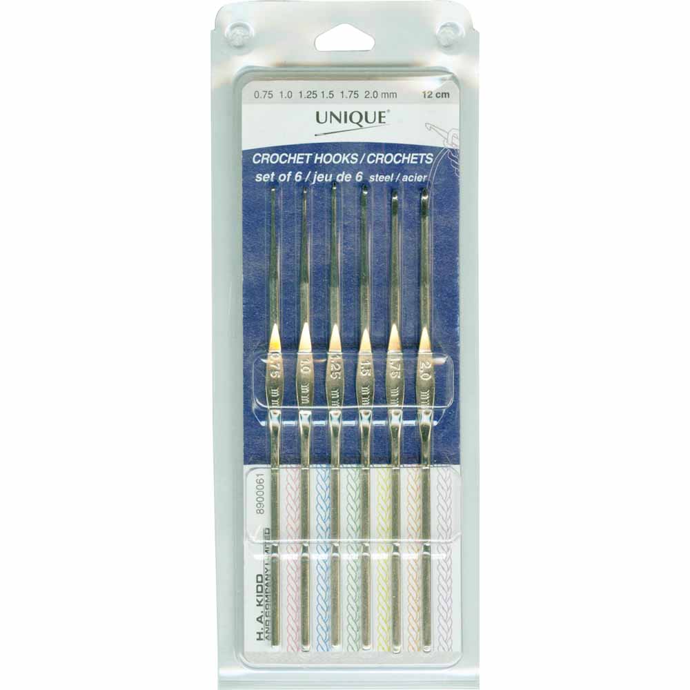 Unique Crochet Hook Set Steel (6pk) - sizes 0.75mm - 2mm - 12cm (4.75") long