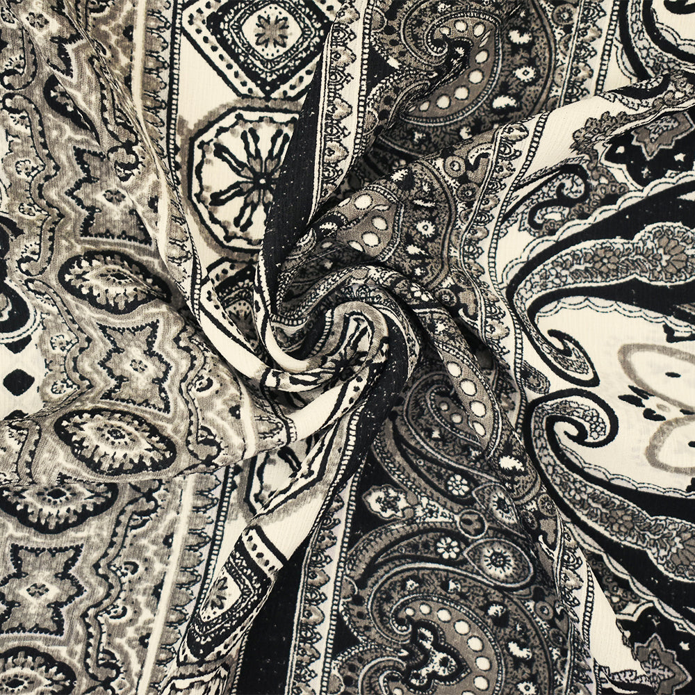 Black-Gray-Multi Poly Paisley Baroque Printed Crepe Georgette Woven Fabric