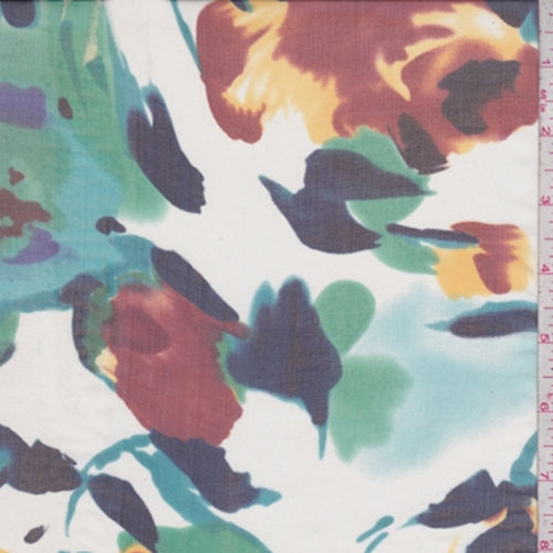 White/Rust/Blue Abstract Floral Silk Chiffon Fabric