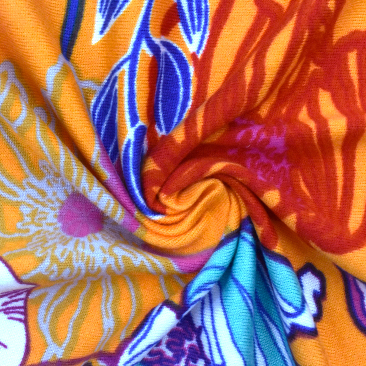 Sun Orange-Multi Floral Printed Stretch Double Brushed Jersey Knit Fabric