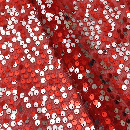 Red/Silver Semi-Sheer Sequined Mesh Tulle Fabric