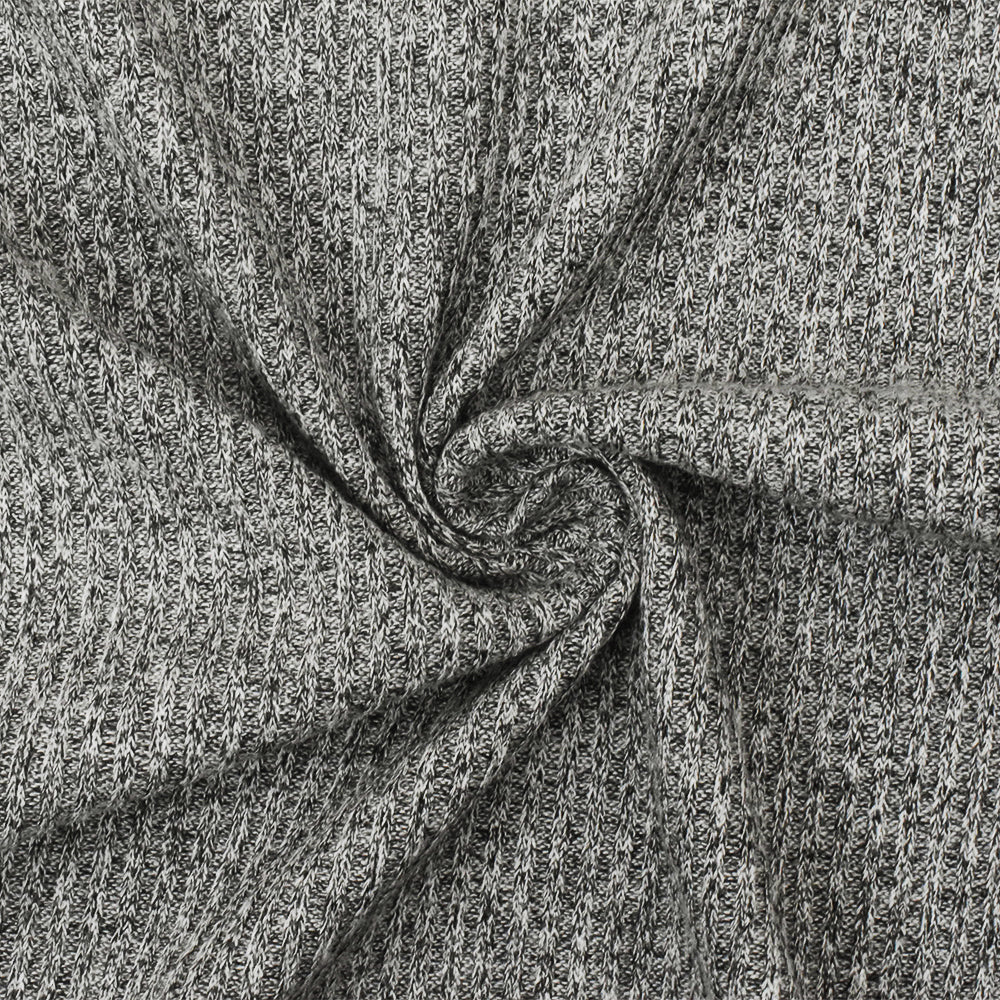 Black-White Texture Stretch Poly Blend Brushed Back 2X2 Rib Knit Fabric
