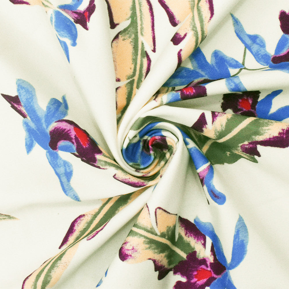 Ivory-Blue-Multi Floral Printed Stretch Nylon Tricot Knit Swimwear Fabric