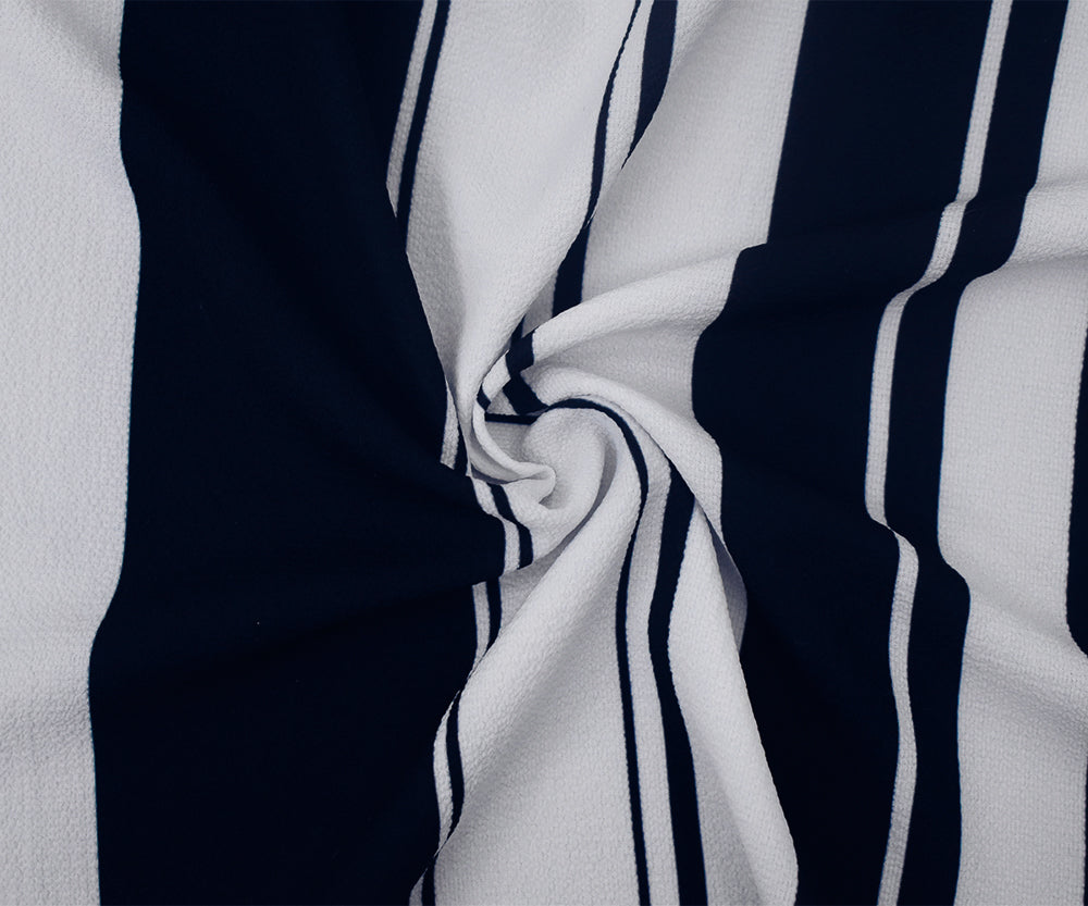 White-Deep Navy Stripe Printed Stretch Poly Spandex Crinkle Crepe Woven Fabric