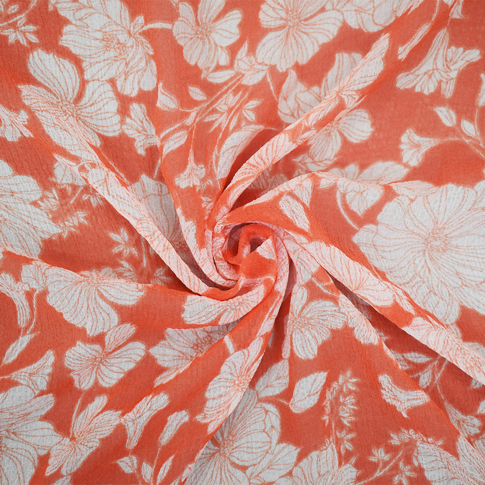 Orange-Ivory Floral Printed Poly Yoryu Chiffon Woven Fabric