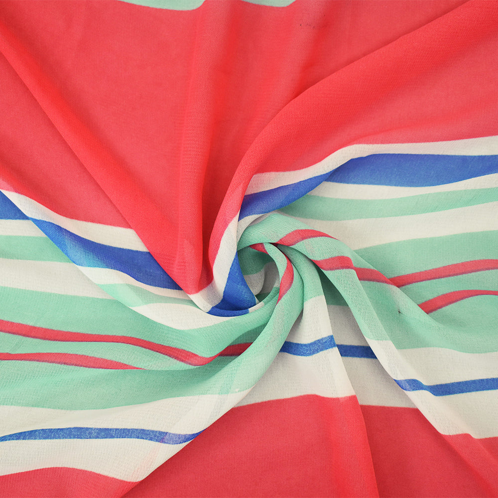 Pink-Blue-Multi Stripe Printed Poly Chiffon Woven Fabric