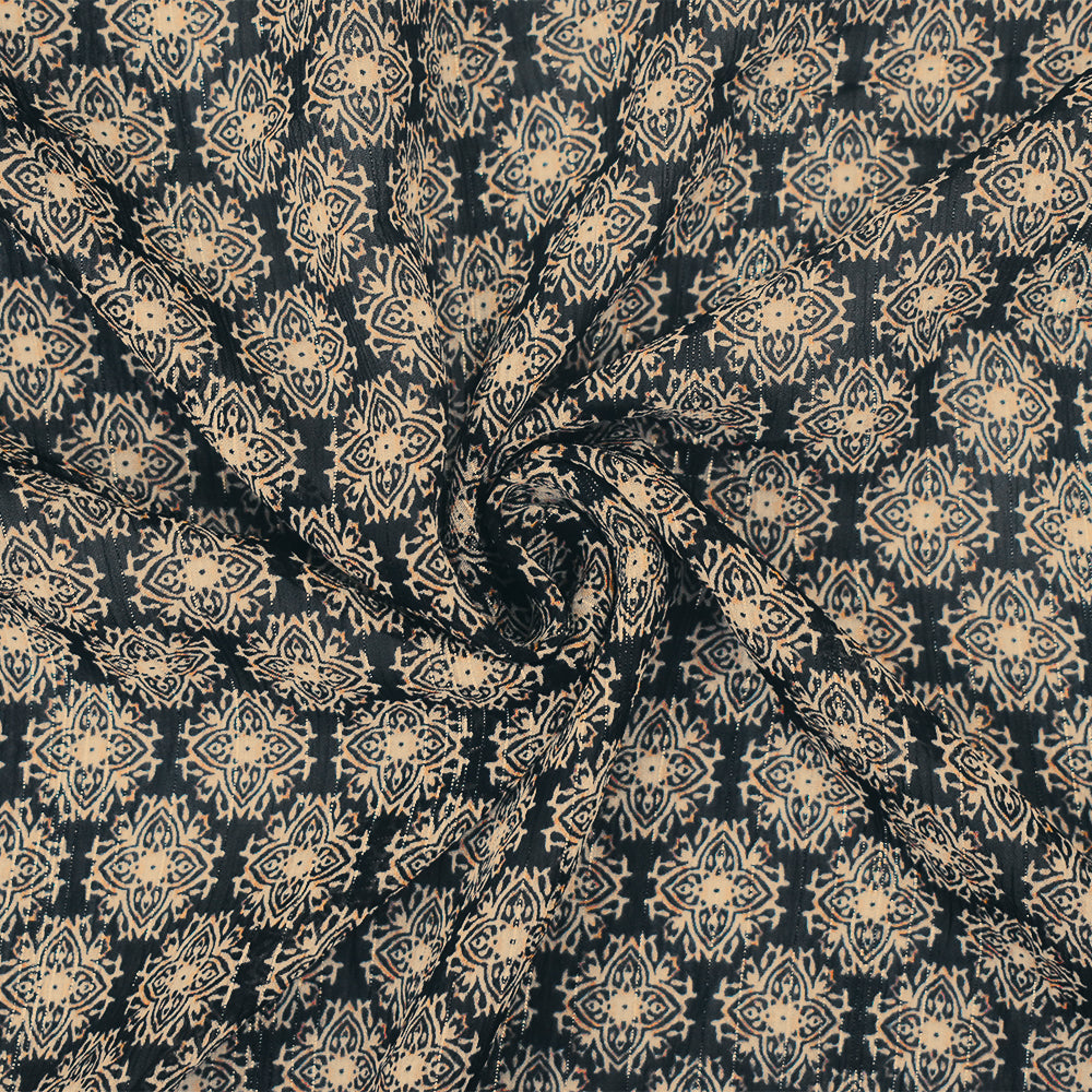 Black-Gold-Multi Medallion Print Poly Metallic Stripe Yoryu Chiffon Fabric
