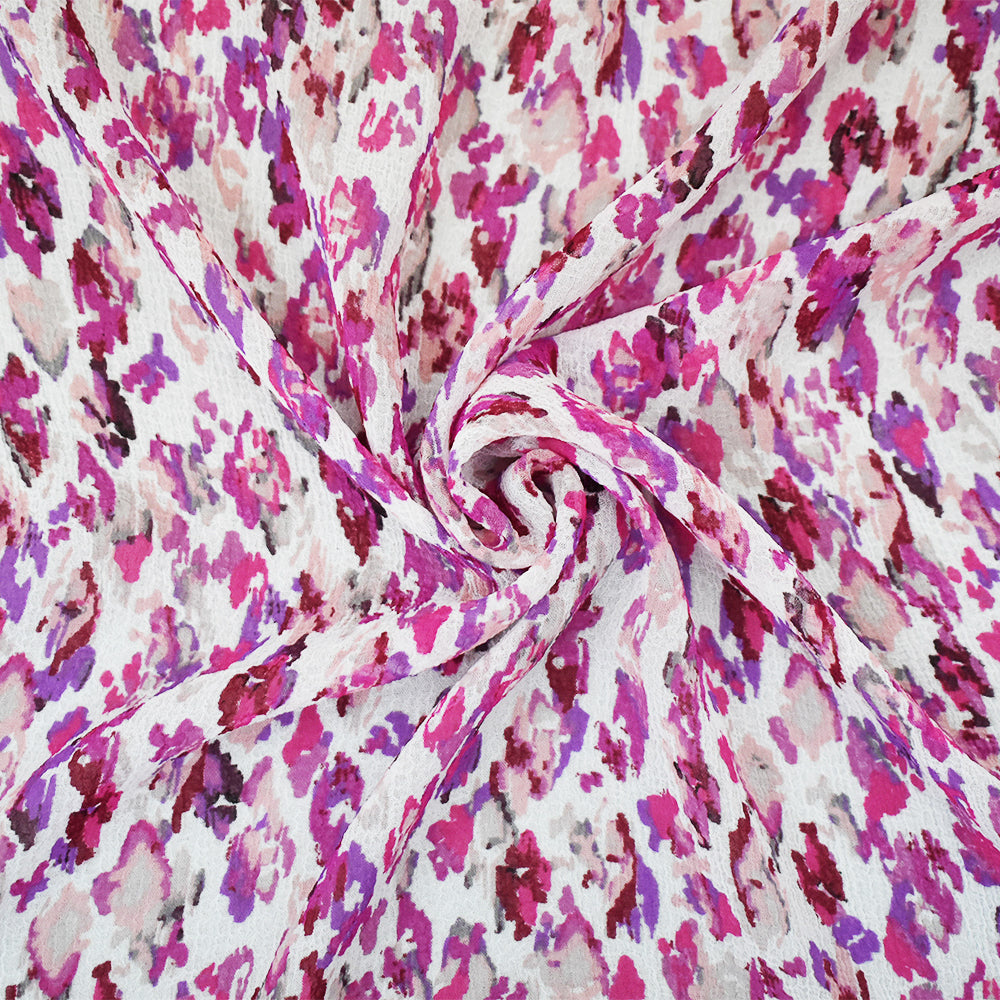 Fuchsia-Multi Abstract Water Color Spots Print Pebble Crepe Chiffon Fabric