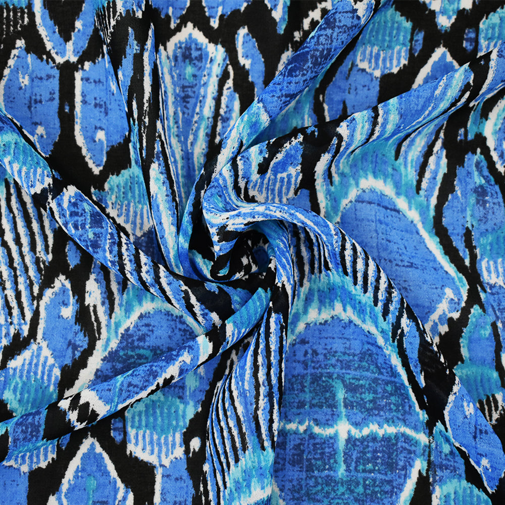 Blue-Black-Multi Abstract Peacock Feather Printed Poly Chiffon Woven Fabric
