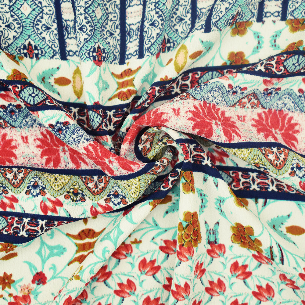 Blue-MultiStripe Printed Stretch Poly Spandex Ghost Crepe Woven Fabric