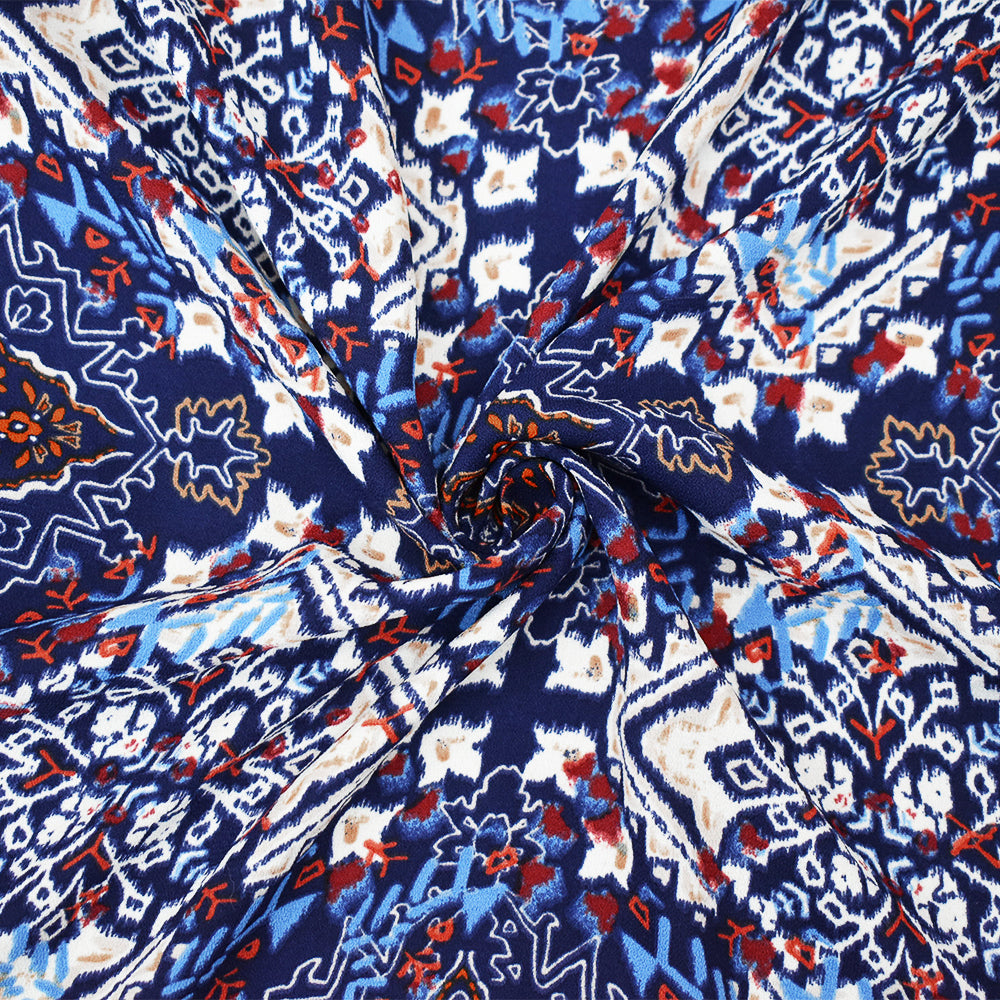 Blue-Brown-MultiMoroccan Diamond Print Poly Crepe Momie Georgette Fabric