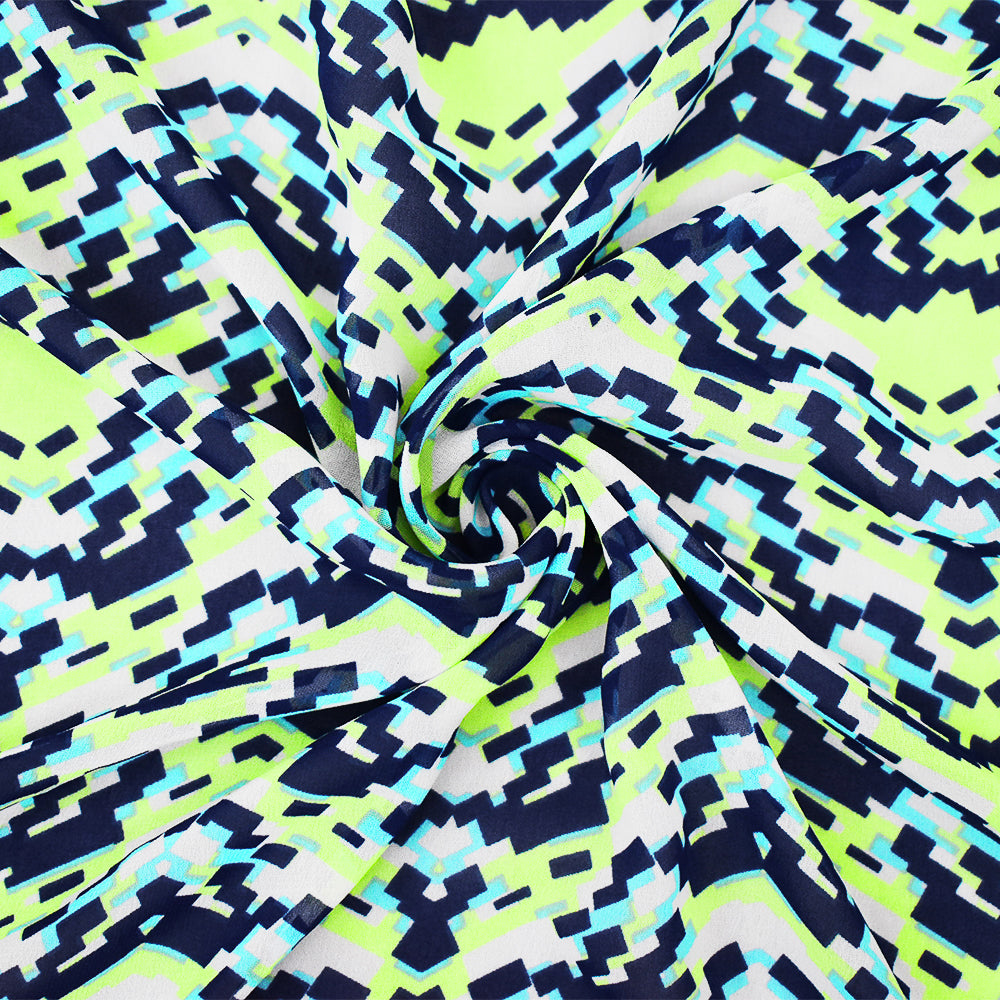 Navy-Lime Green-Multi Pixel Printed Poly Chiffon Woven Fabric