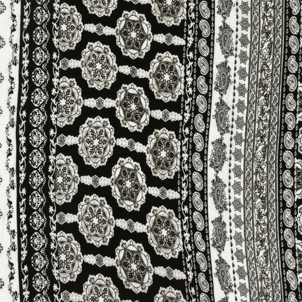 Ivory-Black-Beige Mix Pattern Printed Rayon Stretch Jersey Knit Fabric