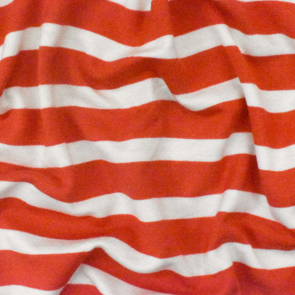 Red Orange-Ivory Stripe Stretch Spandex Rayon Modal Jersey Knit Fabric