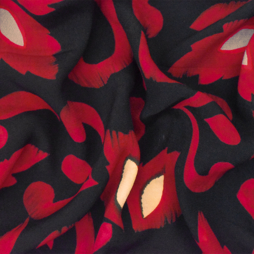 Red-Black Famous Designer Viscose Floral Printed Crepe Faille Fabric
