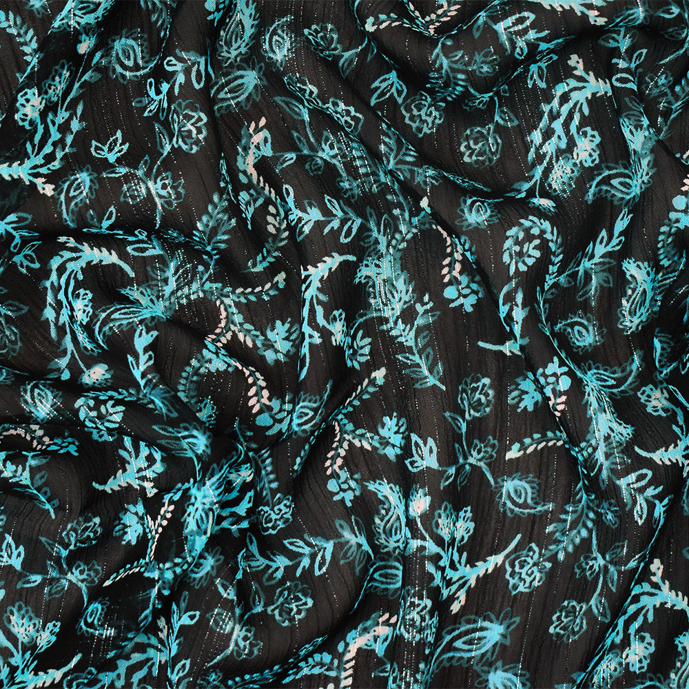 Navy-Silver-Multi Vine Printed Poly Yoryu Metallic Stripe Chiffon Fabric