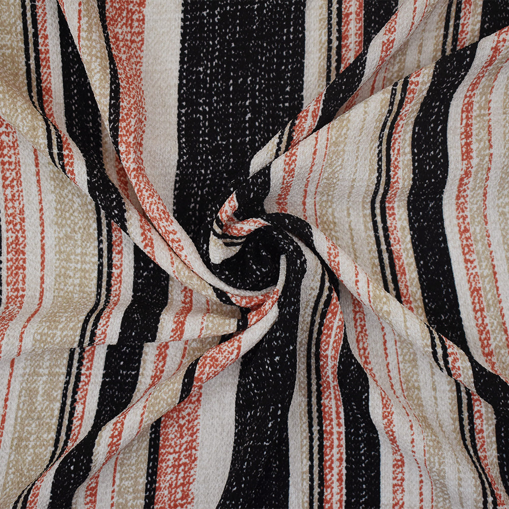 Orange-Black-Beige Texture Stripe Printed Poly Crepe Georgette Woven Fabric
