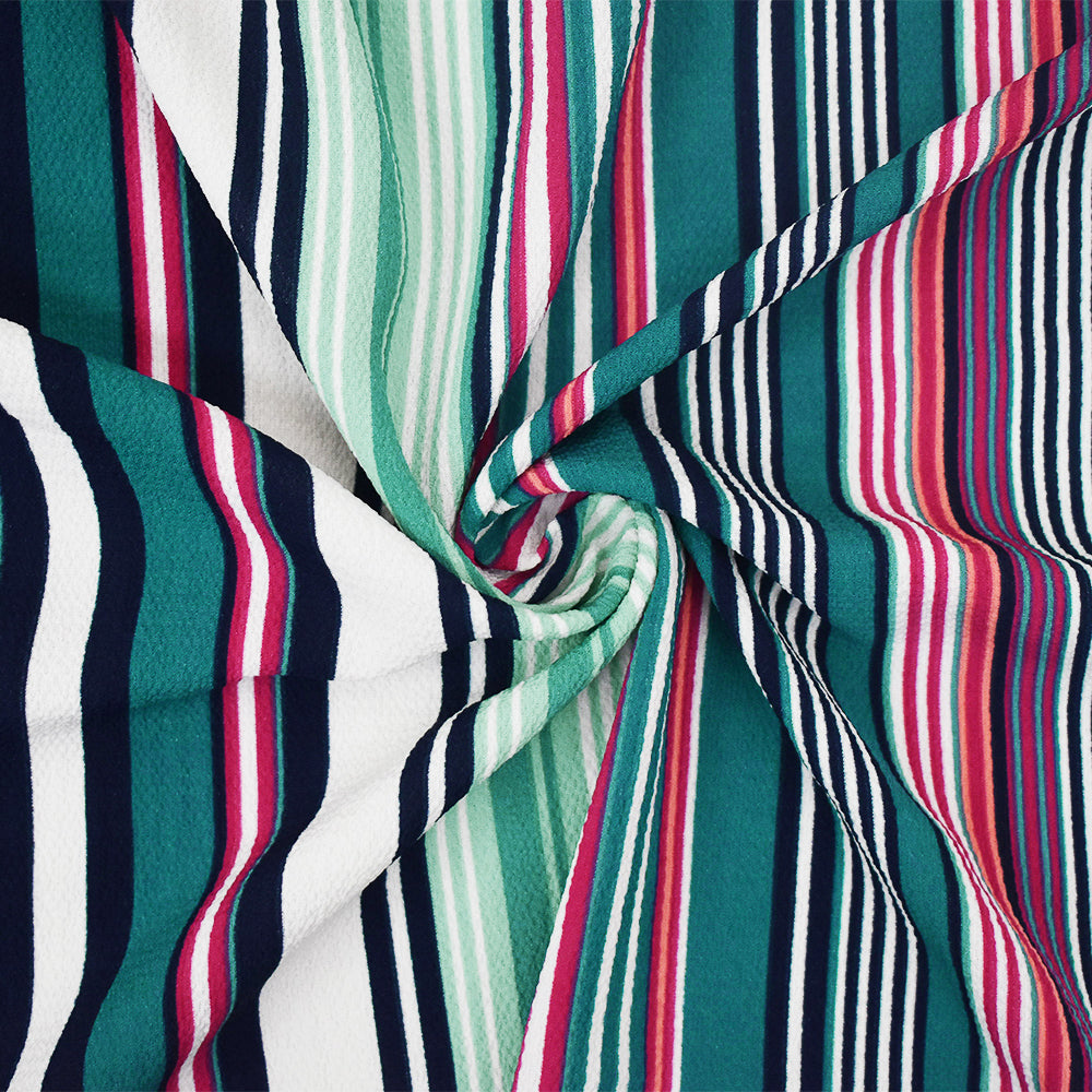 Teal-Pink-Multi Stripe Printed Poly Crepe Georgette Woven Fabric
