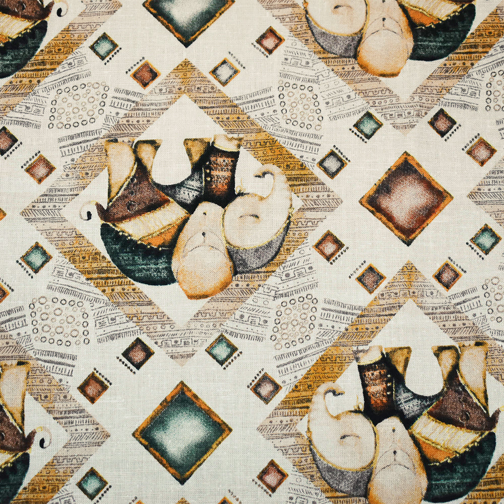 White-Yellow-Multi Elephant Diamond Pattern Printed Linen Woven Fabric