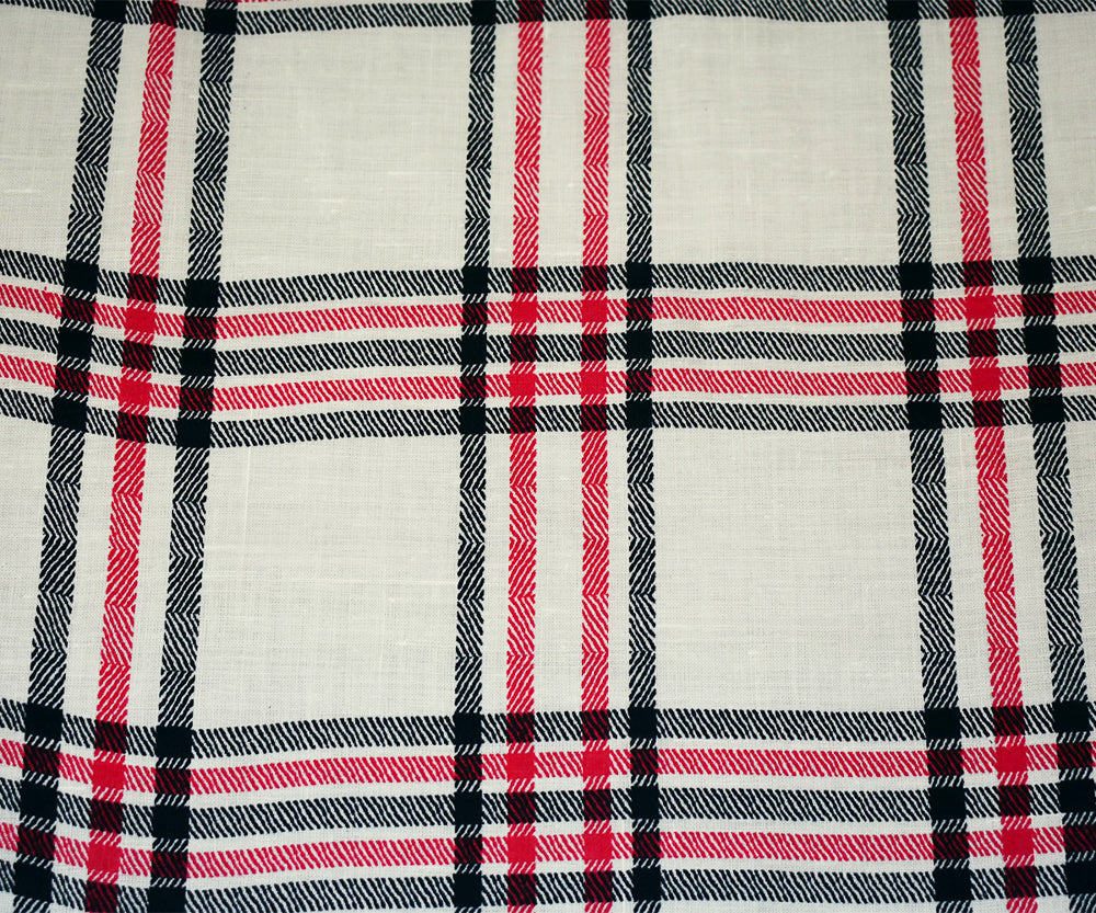 White-Navy-Red Plaid Printed Linen Woven Fabric