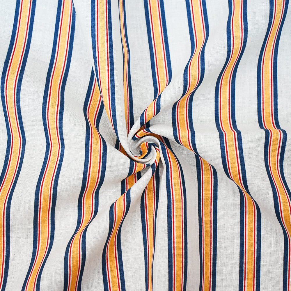 Blue-Red-Yellow Stripe Printed Linen Woven Fabric