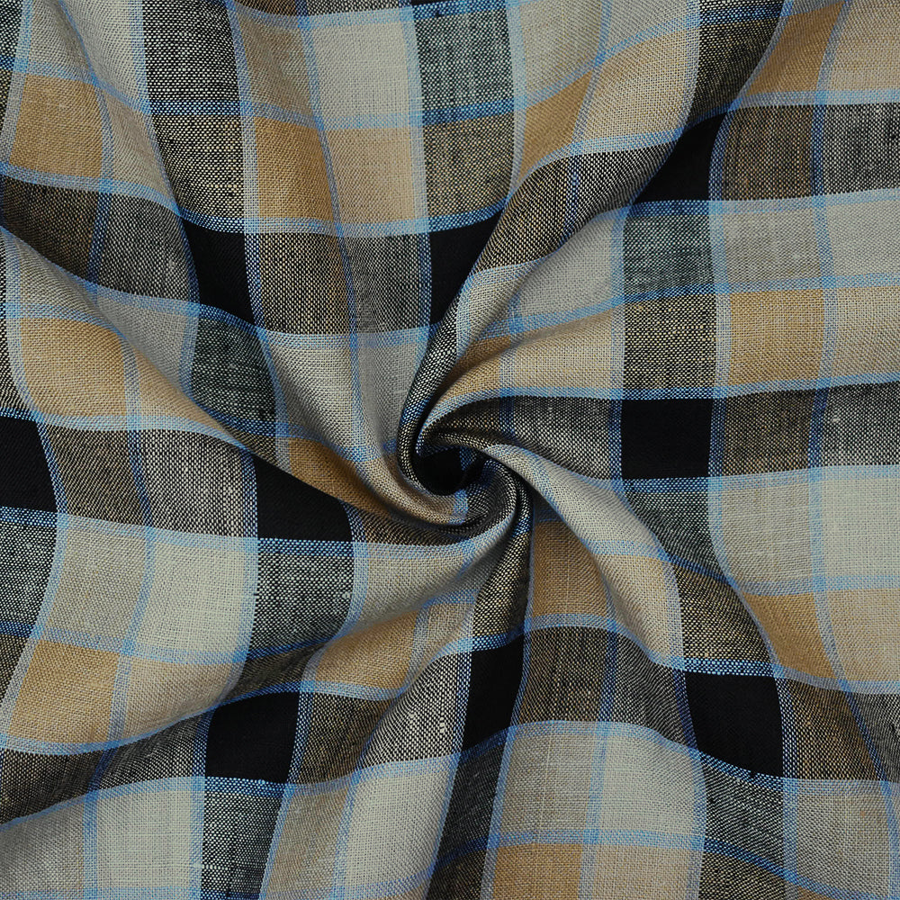 Beige-Black-Blue Check Linen Woven Fabric