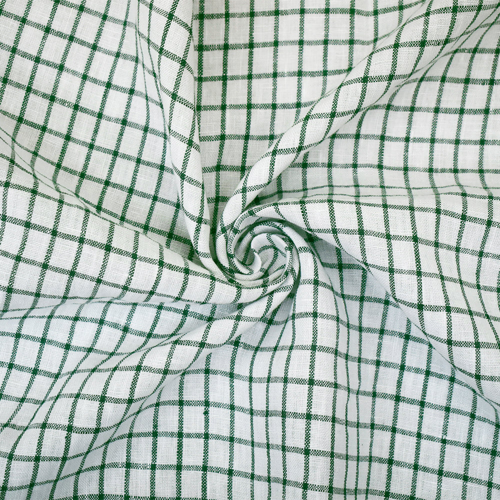 Green-White Moygashel Washed Grid Check Irish Linen Woven Fabric