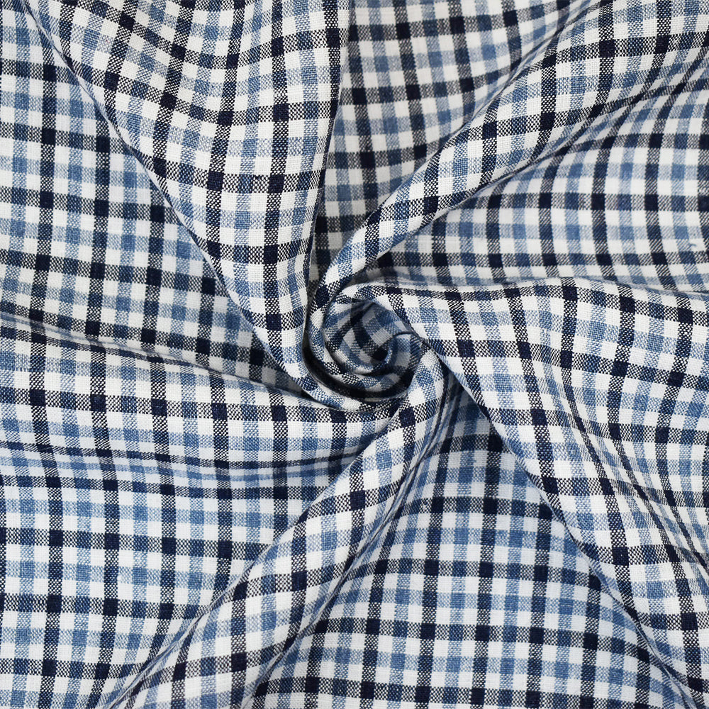 Navy-Blue-White Spence Bryson Washed Gingham Plaid Irish Linen Woven Fabric