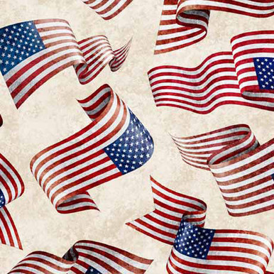 QT Fabrics American Spirit 30129-EAmerican Flag Toss on Cream| SOLD BY THE HALF-YARD