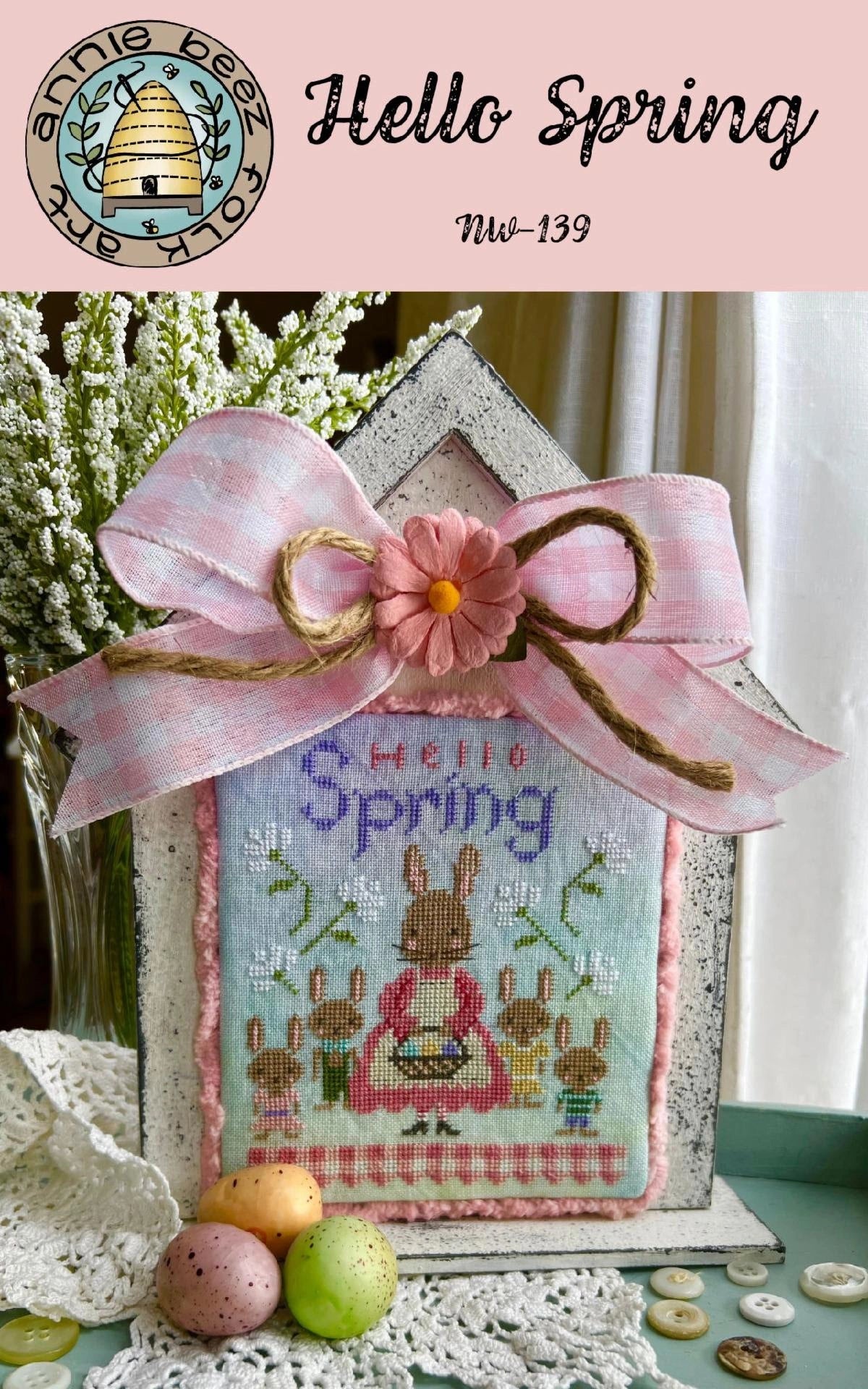 Annie Beez Folk Art HELLO SPRING Cross Stitch Pattern