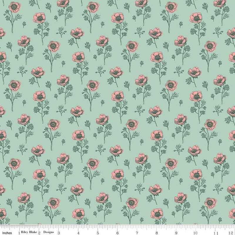 Porch Swing Mint Botanical Anemones Fabric Yardage