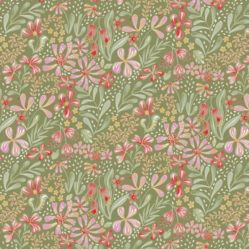Country Poetry Green Tossed Floral Yardage