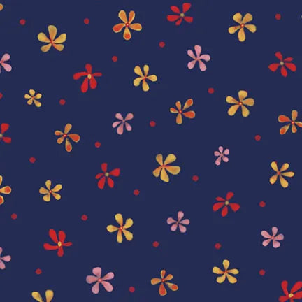 Country Poetry Dark Blue Flower and Dot Toss Fabric Yardage