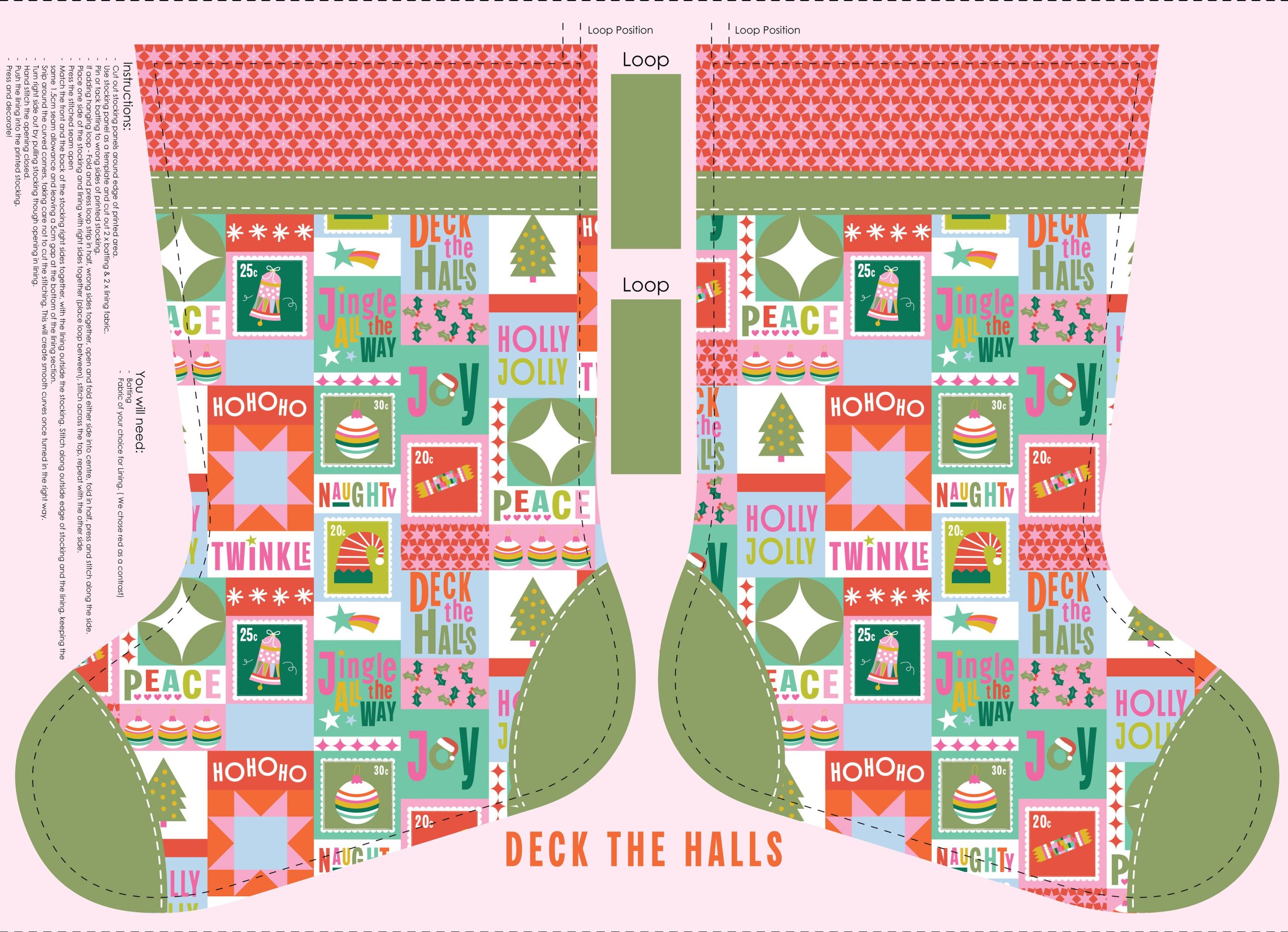 Deck The Halls Green Red Stocking Panel DV6929 by Devonstone Fabrics