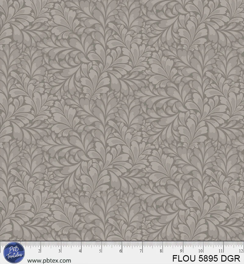 Flourish Dark Grey Leaves Fabric Yardage