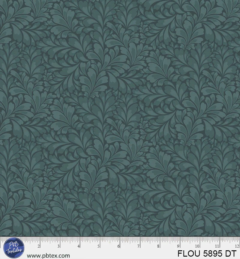 Flourish Dark Teal Leaves Fabric Yardage