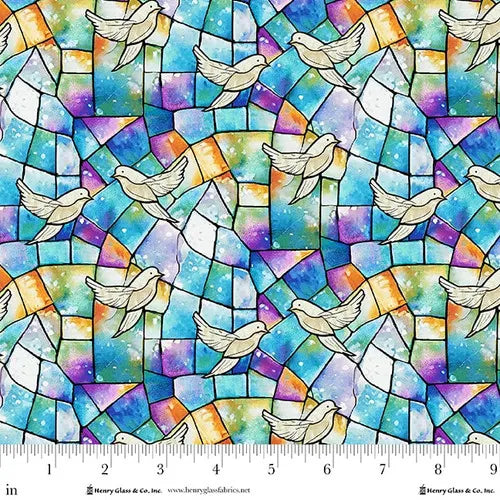 Faith in Full Color Doves on Stained Glass Fabric Yardage