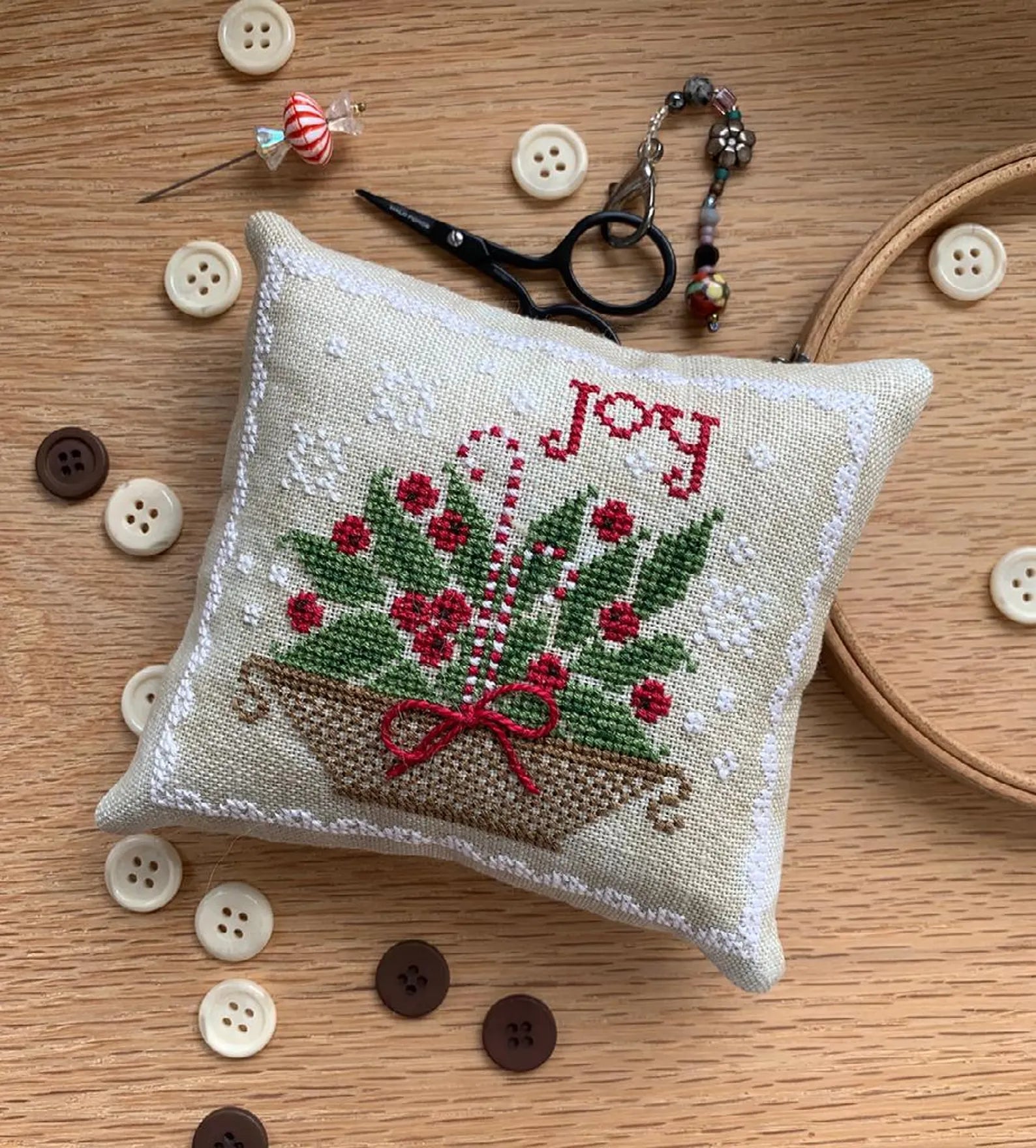 Holly Basket Pinkeep Cross Stitch Pattern by Stitches by Ethel