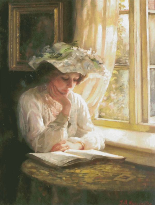 Mini Lady Reading By Window FULL COVERAGE Cross Stitch Pattern by Heaven and Earth Designs